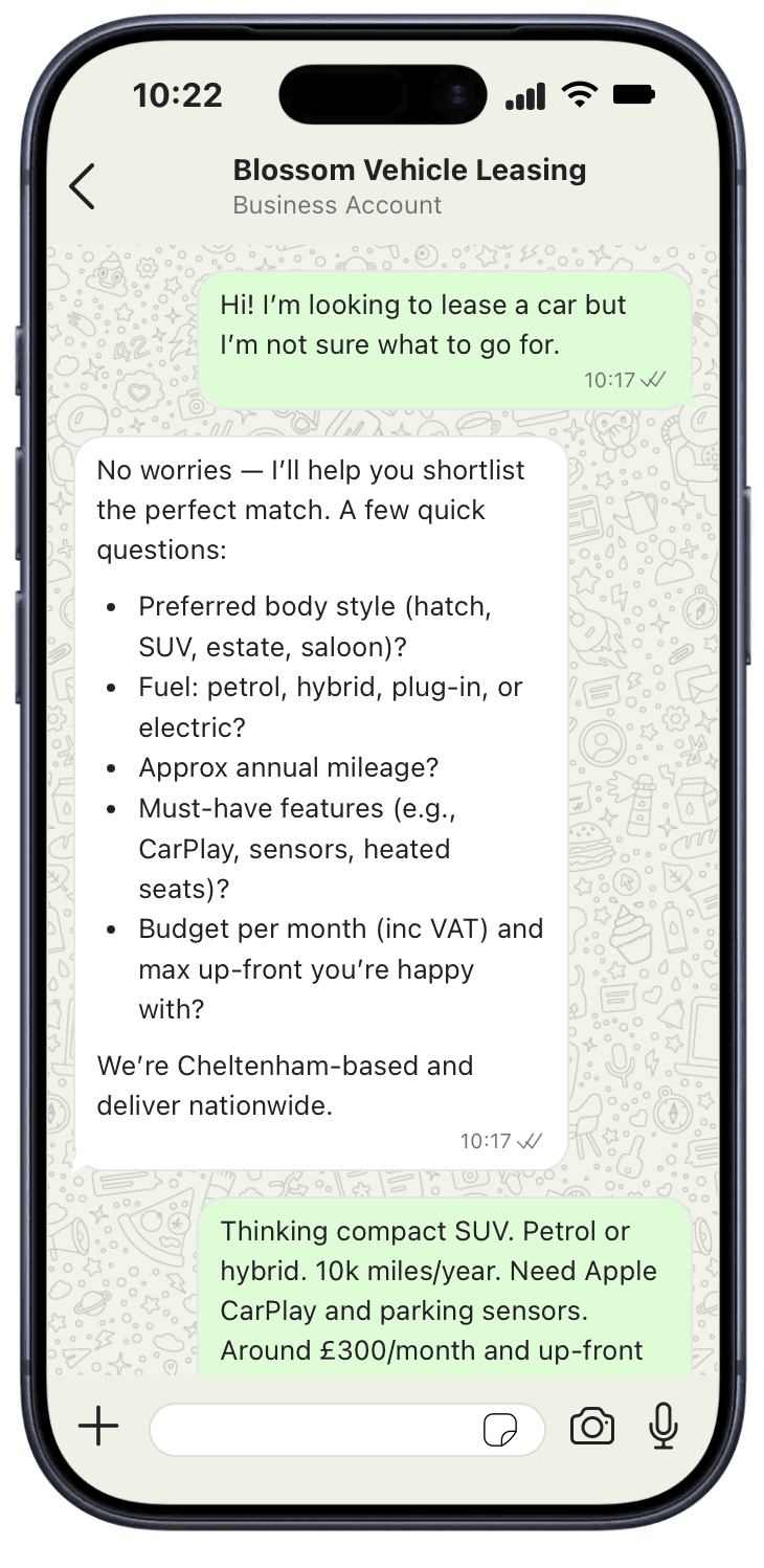 A conversation with Sam, the Blossom AI assistant, on WhatsApp